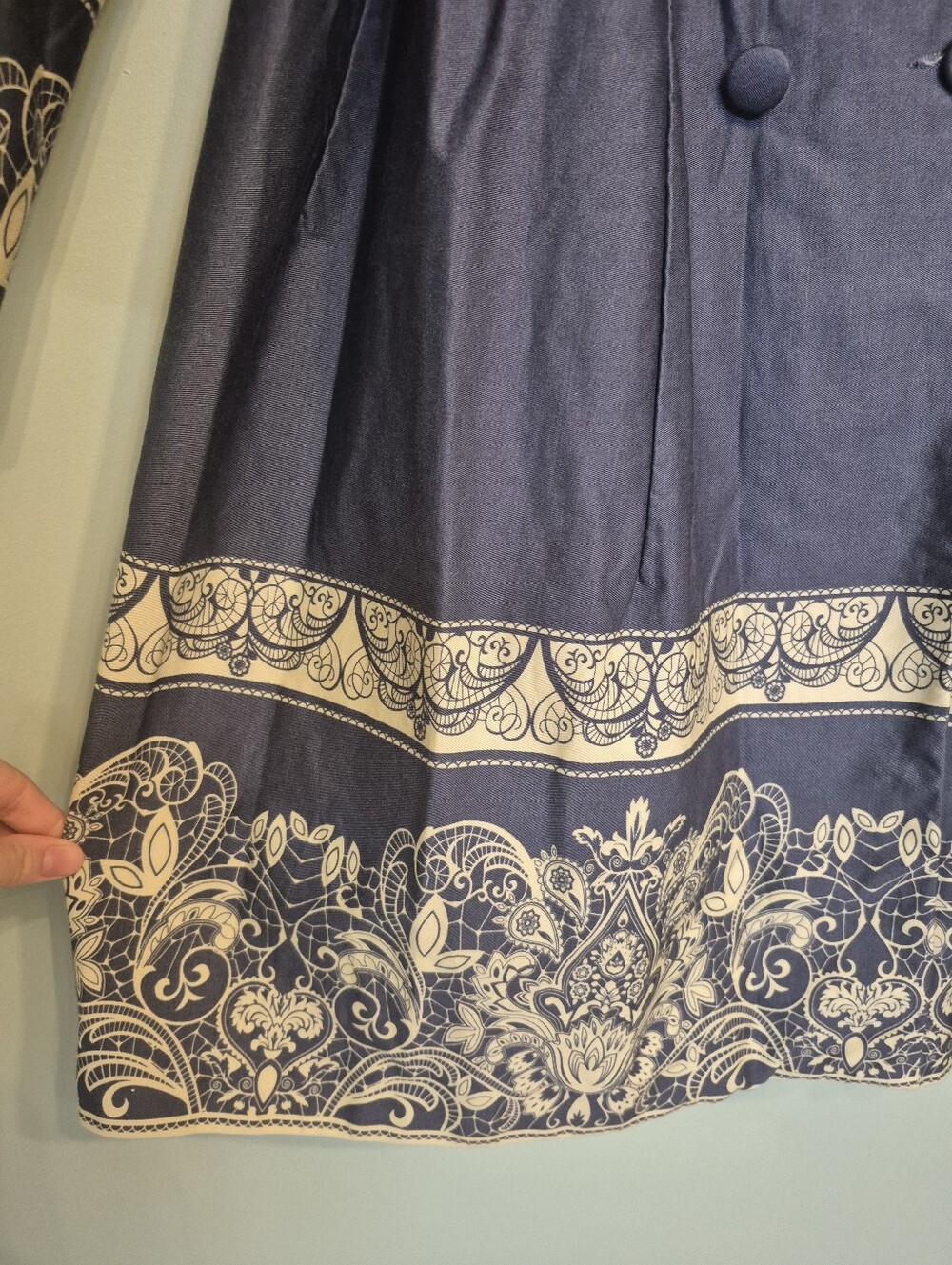 Artka Women's Navy Blue Double-Breasted Trench Coat Cream Paisley Trim Size S - Picture 5 of 9